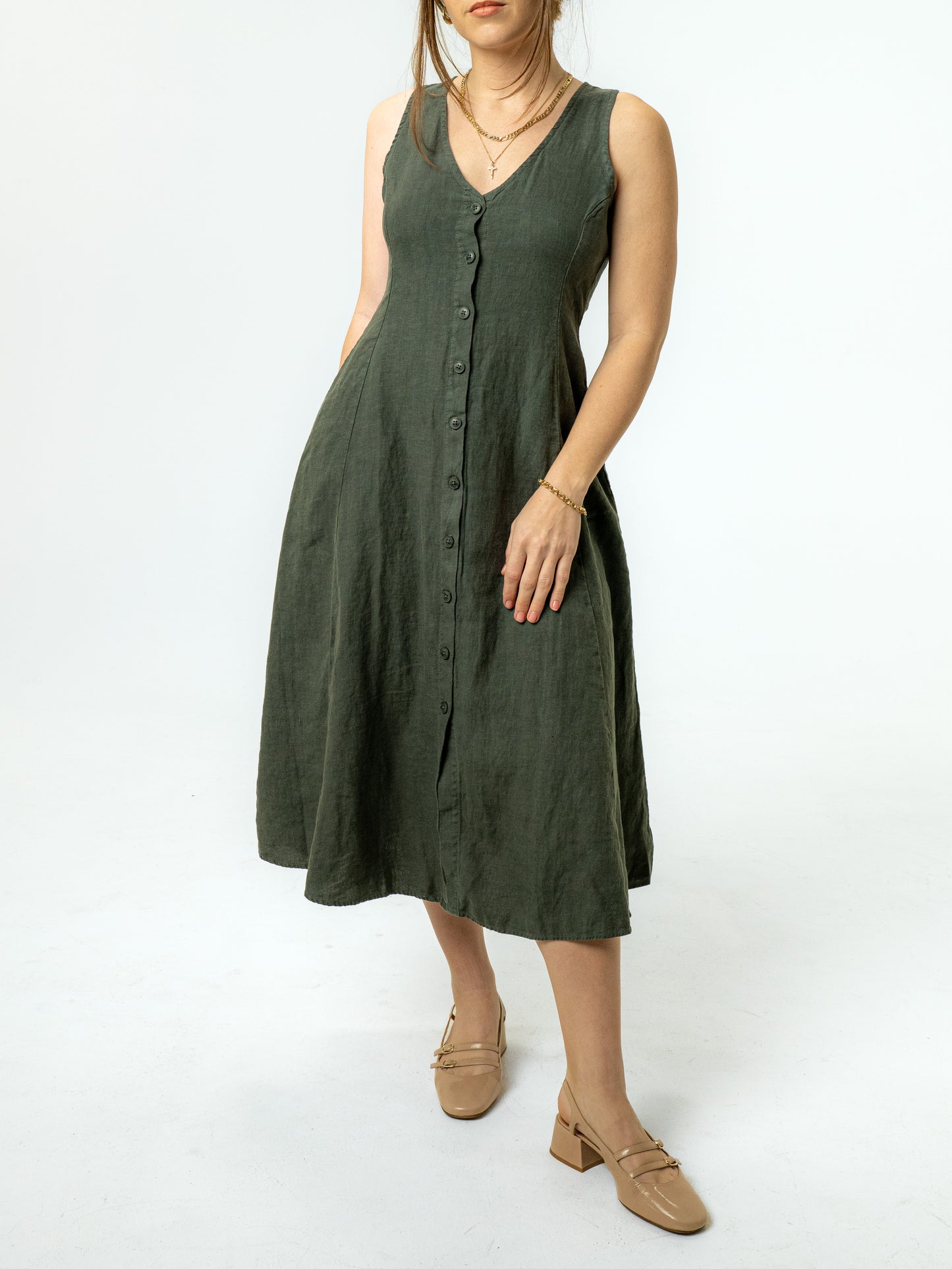The Chelsea Linen Midi Dress - Palm Green