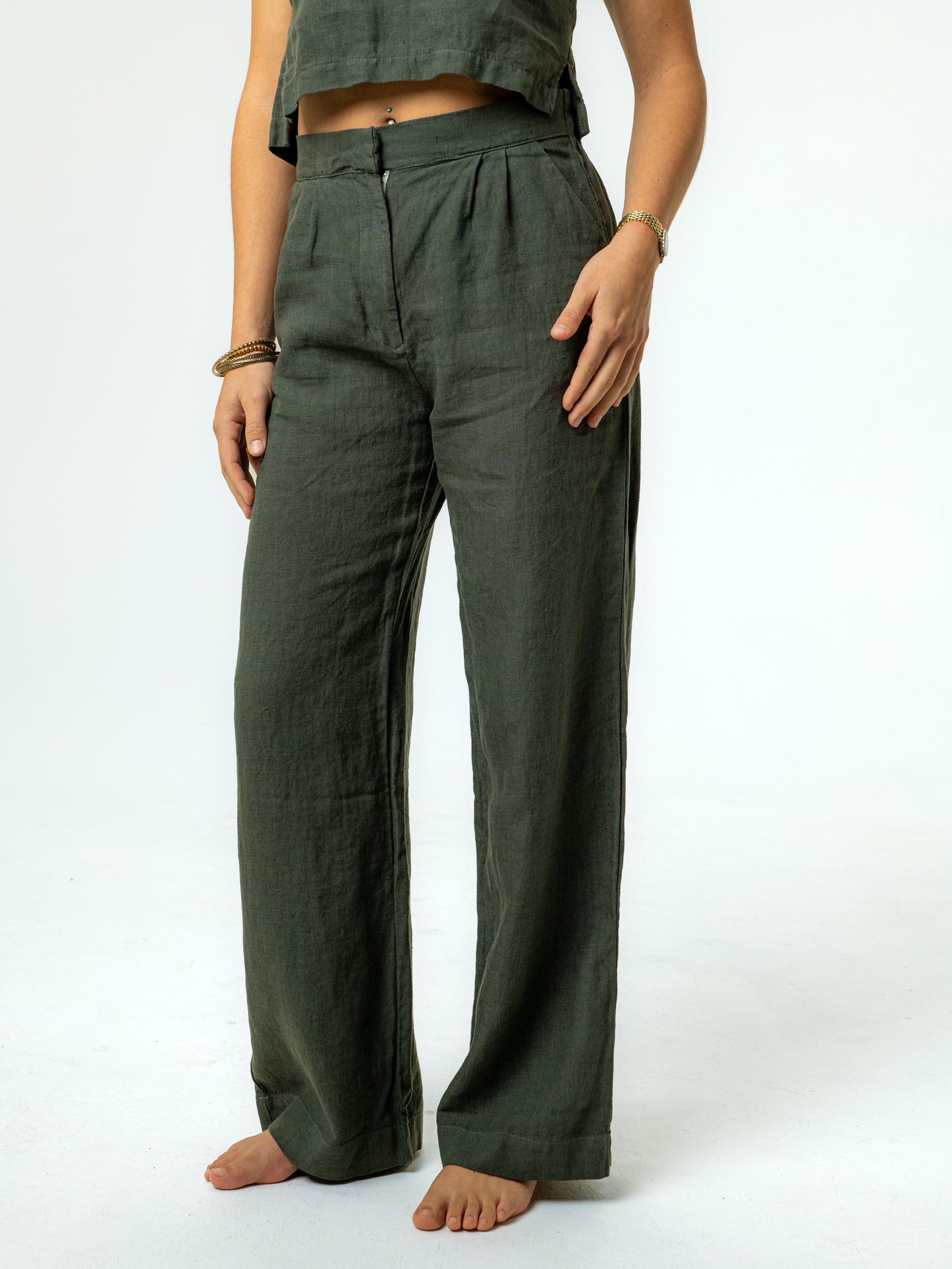 The Elle Linen Trouser Pant - Palm Green